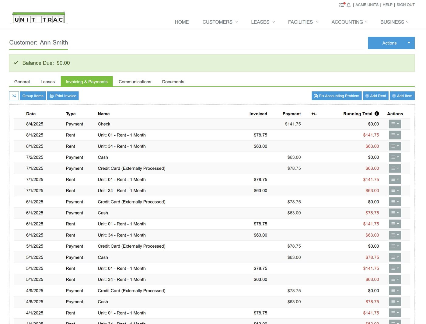 Self storage software accounting page showing an overnight autopay payment applied
