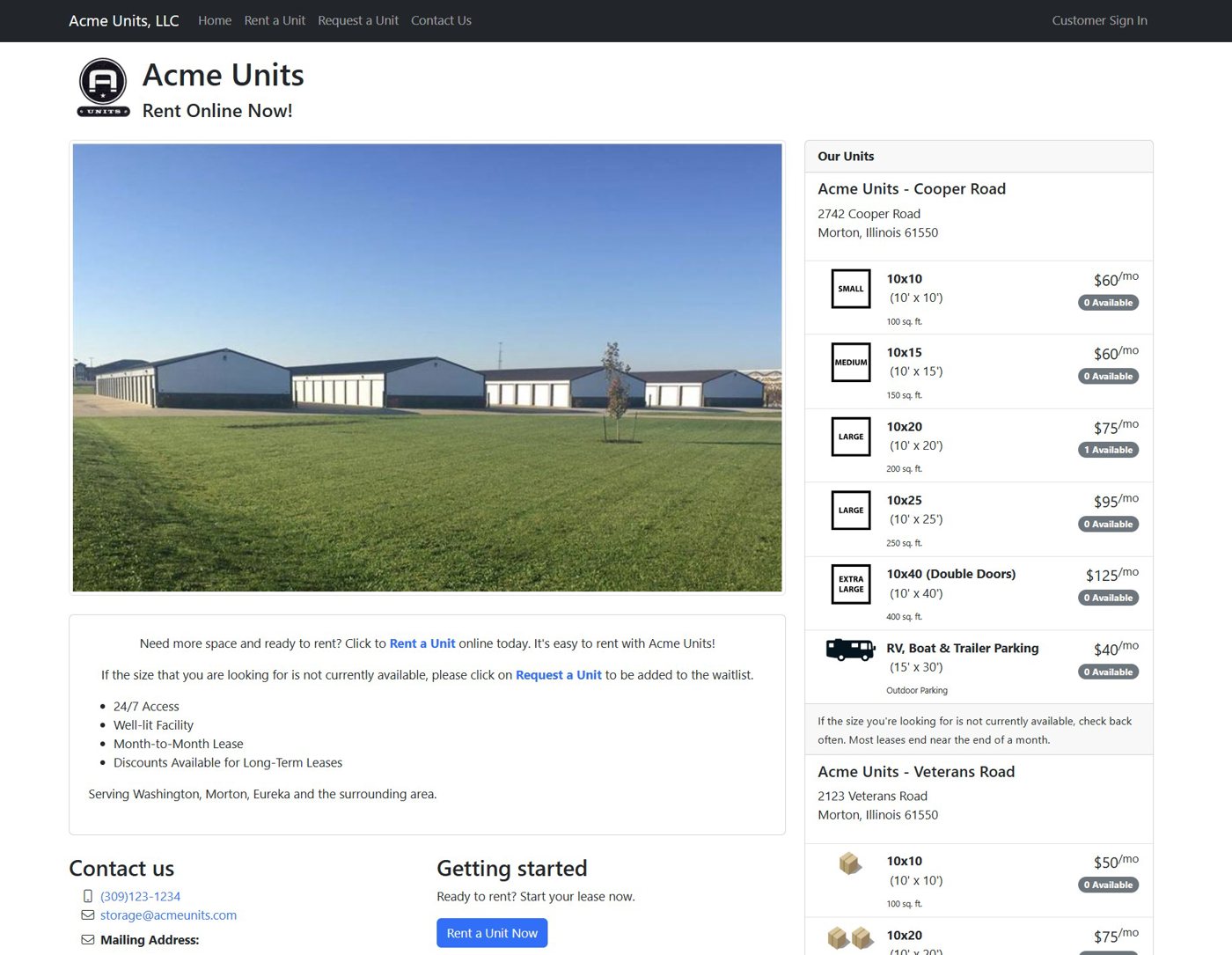 Storage unit business website built with Unit Trac